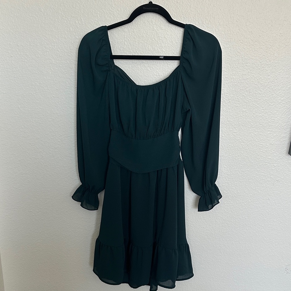 Dark Green Long-Sleeve Square Neck Dress